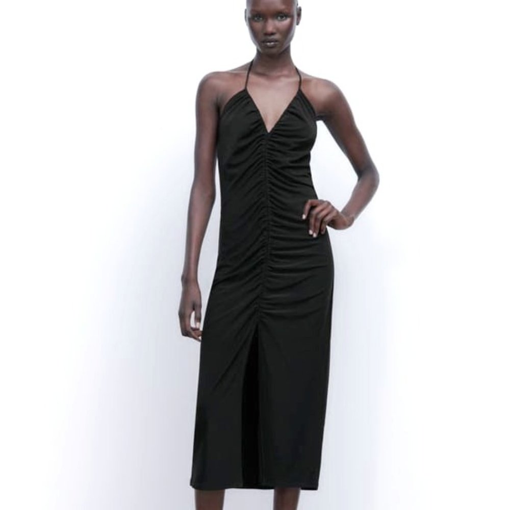 ZARA RUCHED MIDI DRESS BLACK /ZARA BLACK MIDI DRESS ZARA SUMMER DRESS